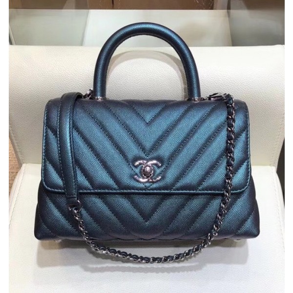 Chanel Chevron Grained Calfskin Small Flap Bag with Top Handle A92990 Metallic Dark Turquoise 2018