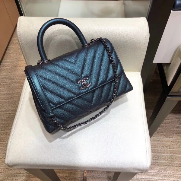 Chanel Chevron Grained Calfskin Small Flap Bag with Top Handle A92990 Metallic Dark Turquoise 2018