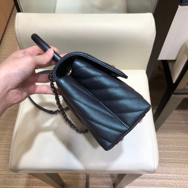 Chanel Chevron Grained Calfskin Small Flap Bag with Top Handle A92990 Metallic Dark Turquoise 2018