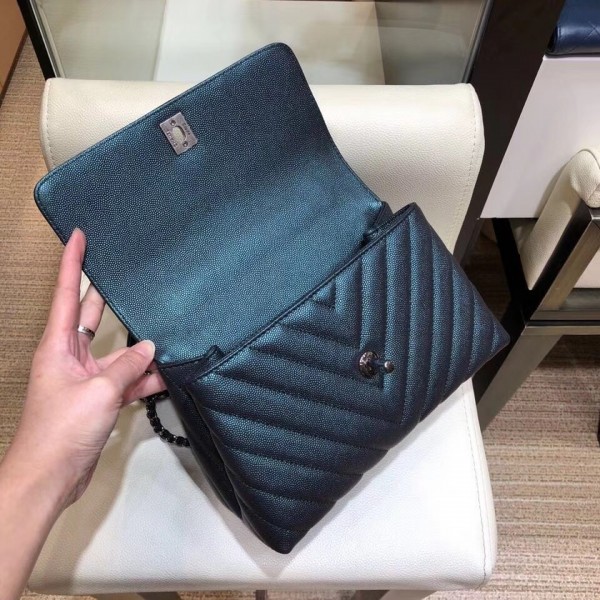 Chanel Chevron Grained Calfskin Small Flap Bag with Top Handle A92990 Metallic Dark Turquoise 2018