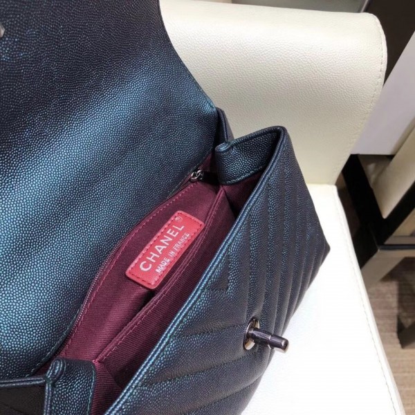 Chanel Chevron Grained Calfskin Small Flap Bag with Top Handle A92990 Metallic Dark Turquoise 2018
