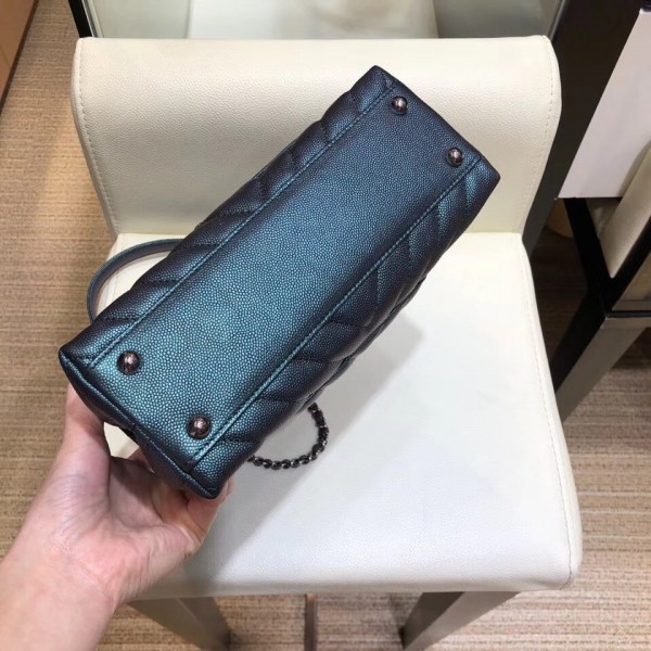 Chanel Chevron Grained Calfskin Small Flap Bag with Top Handle A92990 Metallic Dark Turquoise 2018