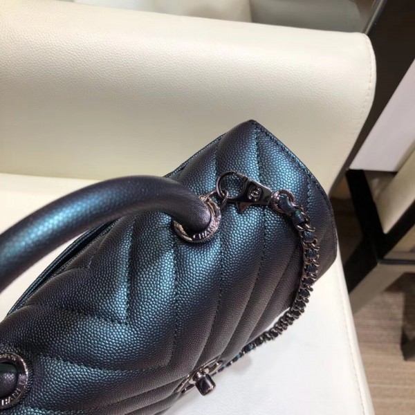 Chanel Chevron Grained Calfskin Small Flap Bag with Top Handle A92990 Metallic Dark Turquoise 2018