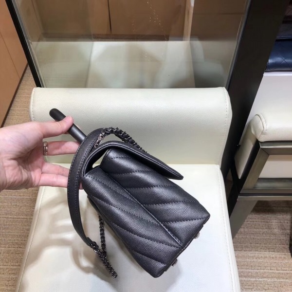 Chanel Chevron Grained Calfskin Small Flap Bag with Top Handle A92990 Metallic Gray 2018