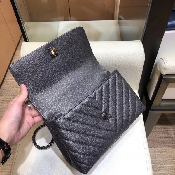 Chanel Chevron Grained Calfskin Small Flap Bag with Top Handle A92990 Metallic Gray 2018
