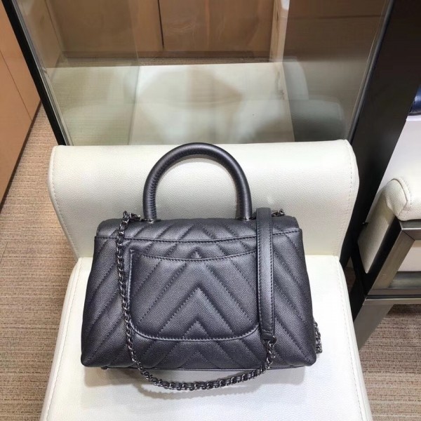 Chanel Chevron Grained Calfskin Small Flap Bag with Top Handle A92990 Metallic Gray 2018