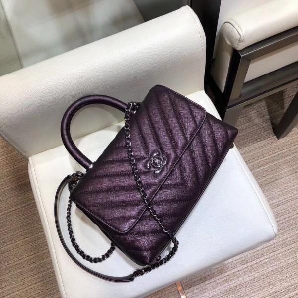 Chanel Chevron Grained Calfskin Small Flap Bag with Top Handle A92990 Purple 2018