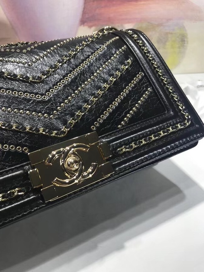 Chanel BOY CHANEL Handbag Crumpled Calfskin & Gold-Tone Metal A67086 black 