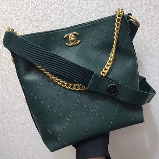 Chanel Button Up Calfskin & Grosgrain Hobo Handbag A57573 Green 2018