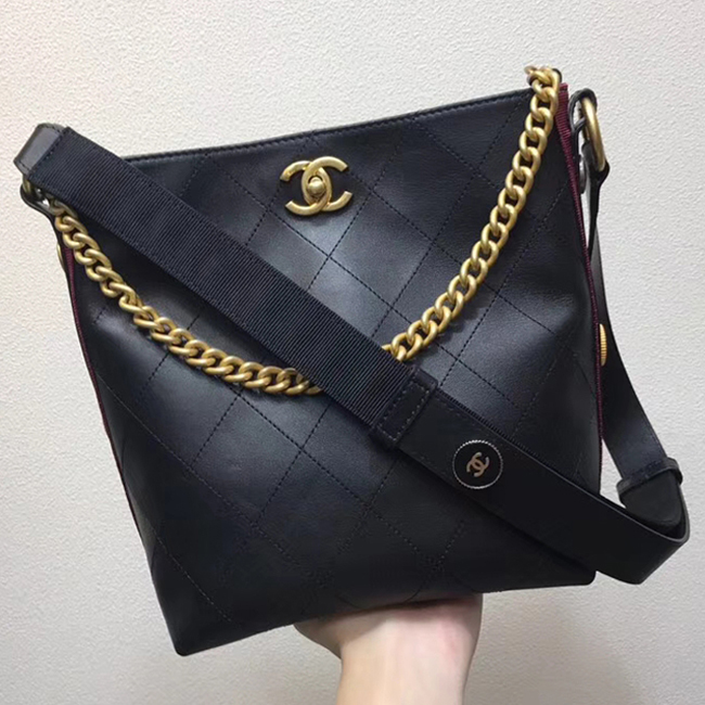 Chanel Button Up Calfskin & Grosgrain Hobo Handbag A57573 Black Red 2018