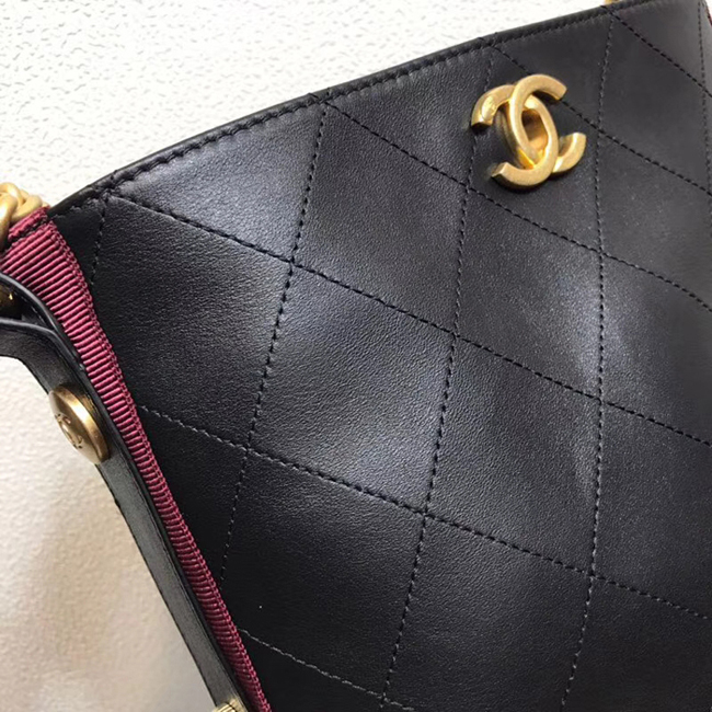 Chanel Button Up Calfskin & Grosgrain Hobo Handbag A57573 Black Red 2018