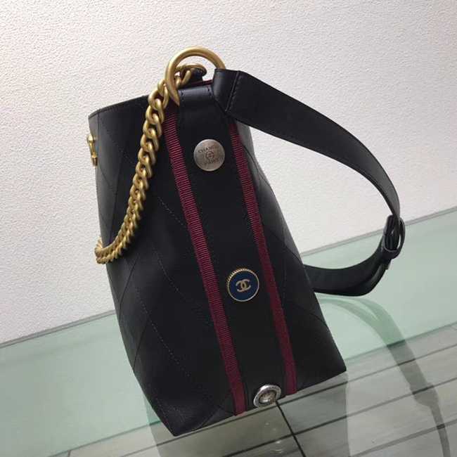 Chanel Button Up Calfskin & Grosgrain Hobo Handbag A57573 Black Red 2018