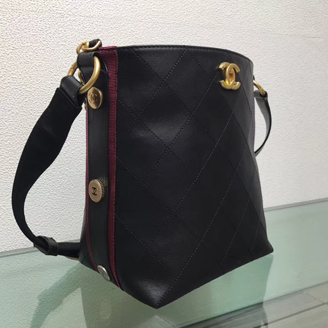 Chanel Button Up Calfskin & Grosgrain Hobo Handbag A57573 Black Red 2018