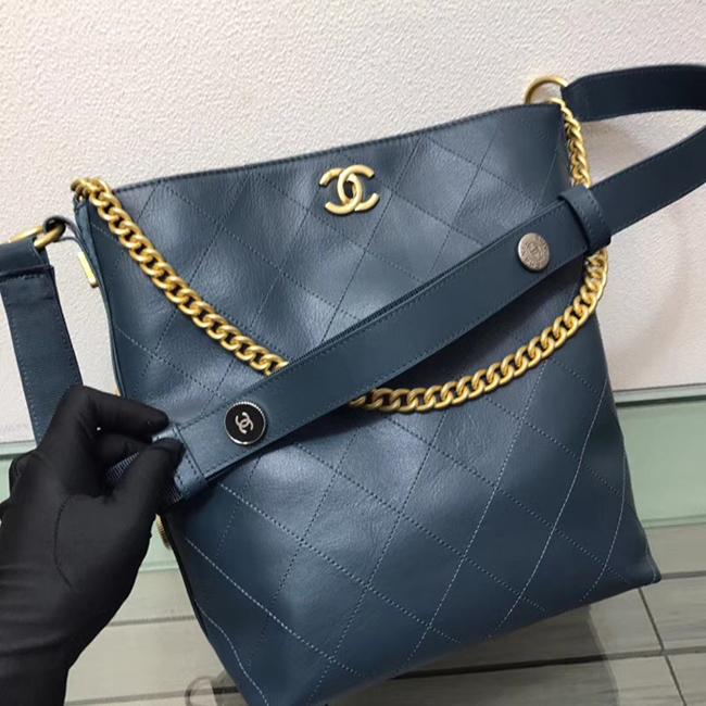Chanel Button Up Calfskin & Grosgrain Hobo Handbag A57576 Paon 2018