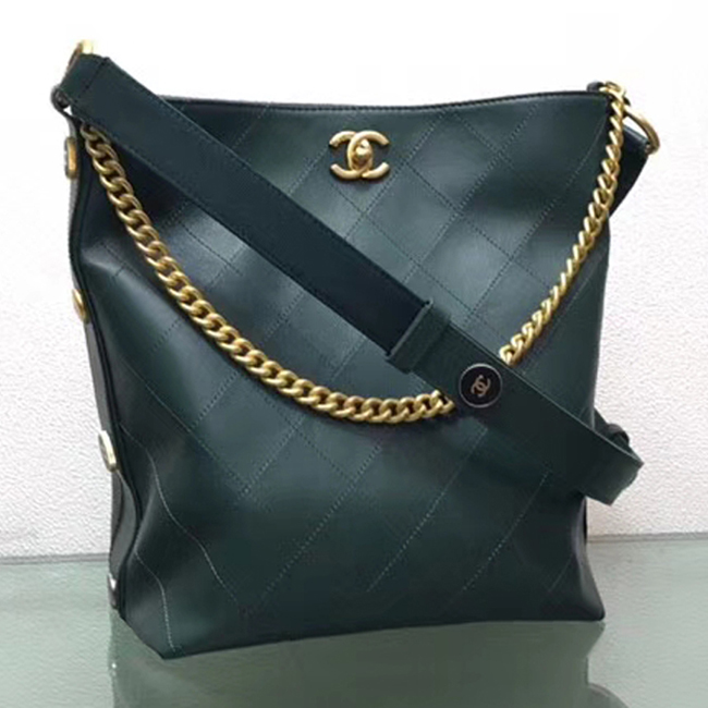 Chanel Button Up Calfskin & Grosgrain Hobo Handbag A57576 Green 2018