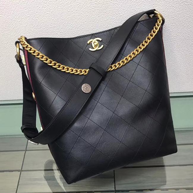Chanel Button Up Calfskin & Grosgrain Hobo Handbag A57576 Black Red 2018