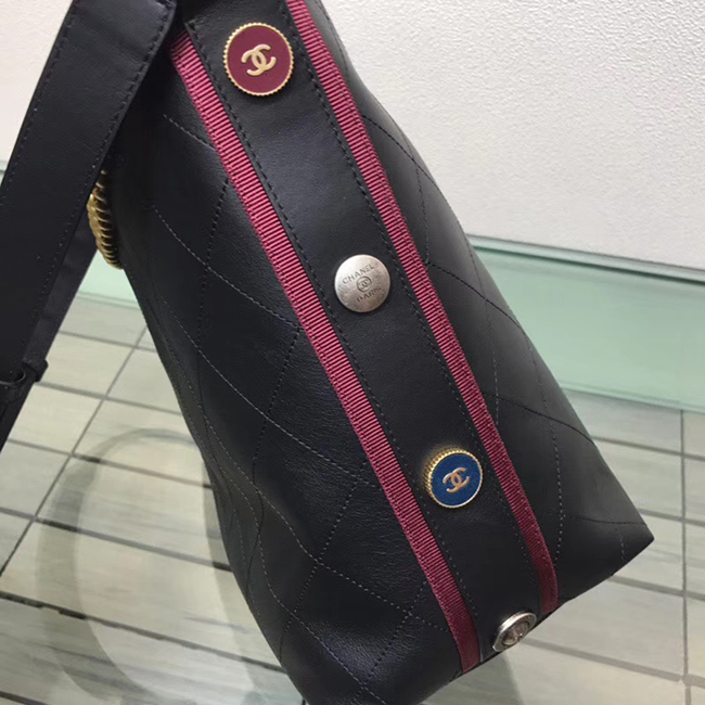 Chanel Button Up Calfskin & Grosgrain Hobo Handbag A57576 Black Red 2018