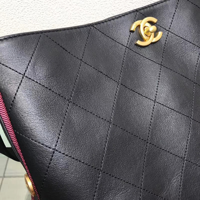Chanel Button Up Calfskin & Grosgrain Hobo Handbag A57576 Black Red 2018