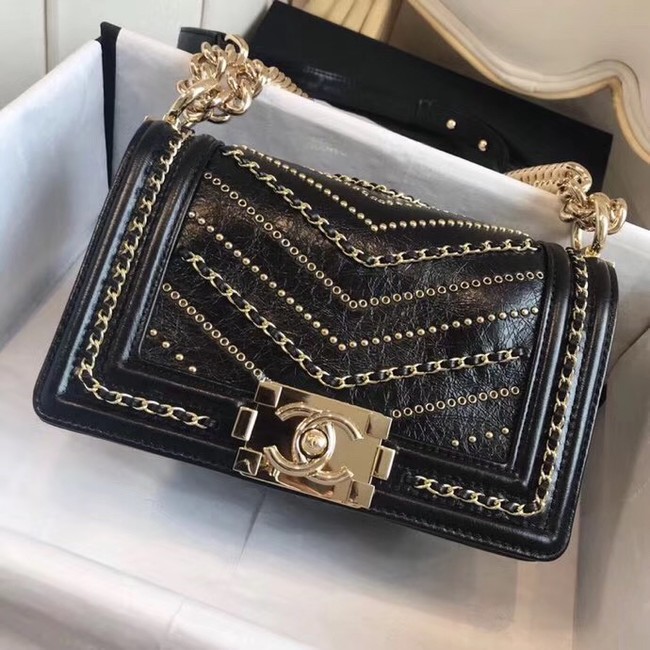 Small BOY CHANEL Handbag Crumpled Calfskin & Gold-Tone Metal A67085 black 