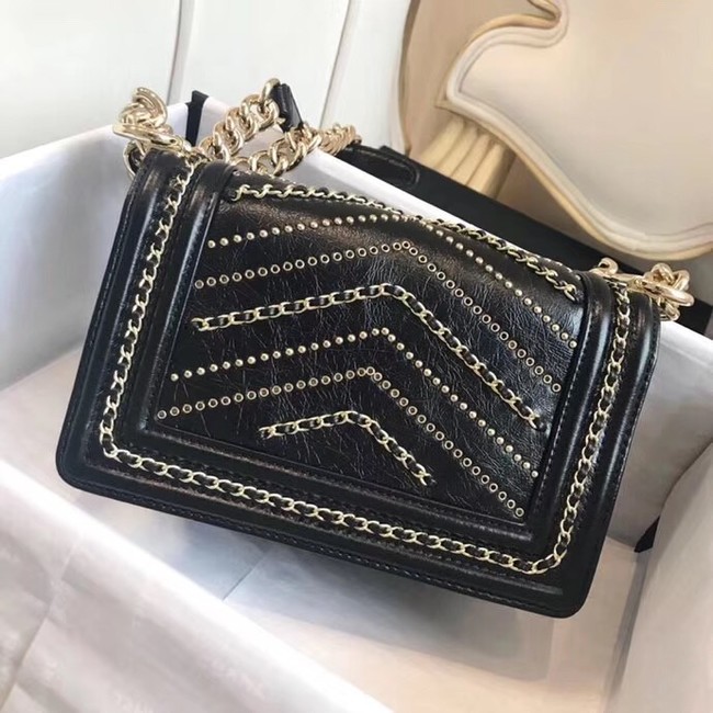 Small BOY CHANEL Handbag Crumpled Calfskin & Gold-Tone Metal A67085 black 