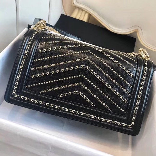 BOY CHANEL Handbag Crumpled Calfskin & Gold-Tone Metal A67086 black 