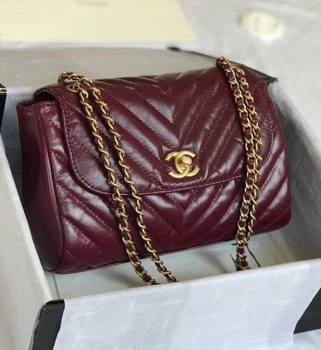 CHANEL Flap Bag Aged Lambskin & Gold-Tone Metal A57700 Burgundy 