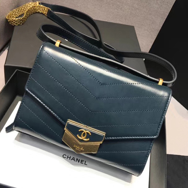 Chanel Small Flap Bag A57490 Navy Blue Calfskin Gold Tone Metal