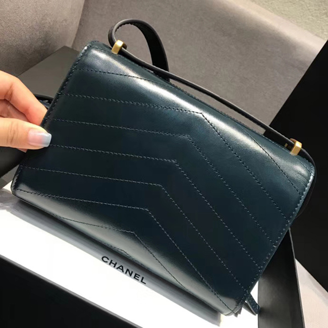 Chanel Small Flap Bag A57490 Navy Blue Calfskin Gold Tone Metal