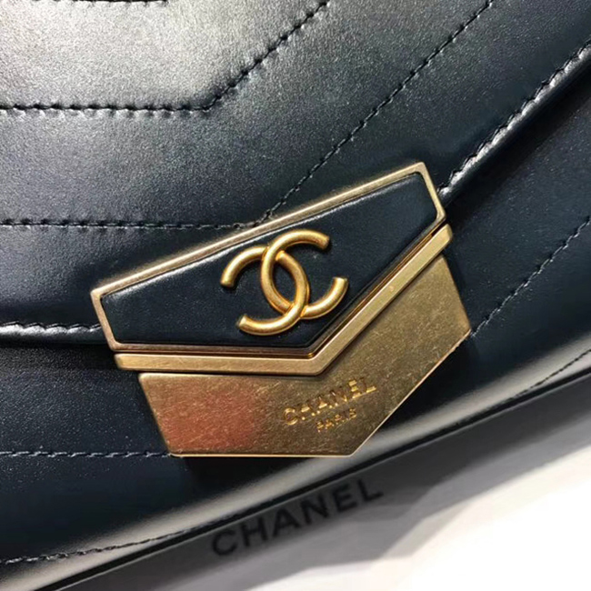 Chanel Small Flap Bag A57490 Navy Blue Calfskin Gold Tone Metal