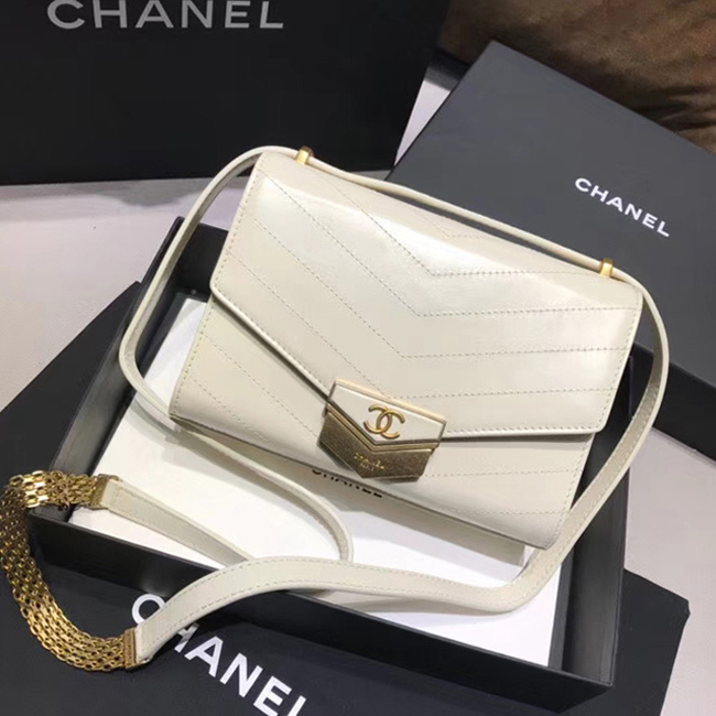 Chanel Small Flap Bag A57490 Ivory Calfskin Gold Tone Metal