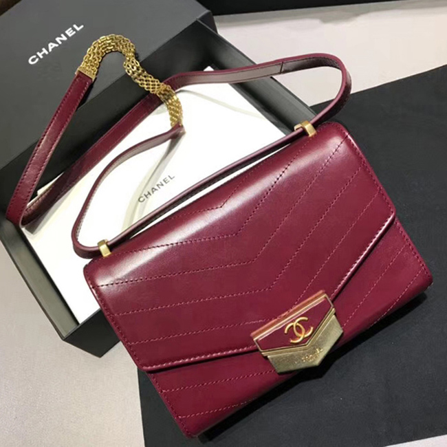 Chanel Small Flap Bag A57490 Burgundy Calfskin Gold Tone Metal