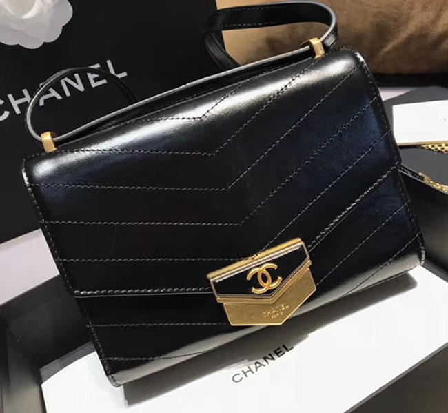 Chanel Small Flap Bag A57490 Black Calfskin Gold Tone Metal