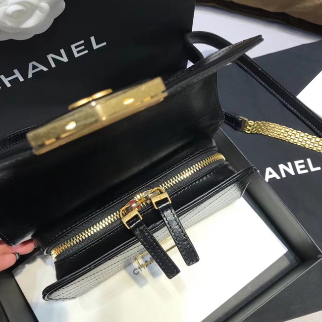 Chanel Small Flap Bag A57490 Black Calfskin Gold Tone Metal