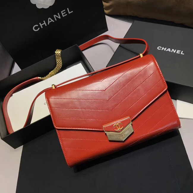 Chanel Medium Flap Bag A57491 Orange Calfskin Gold Tone Metal