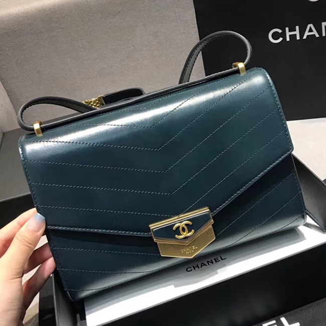 Chanel Medium Flap Bag A57491 Navy Blue Calfskin Gold Tone Metal