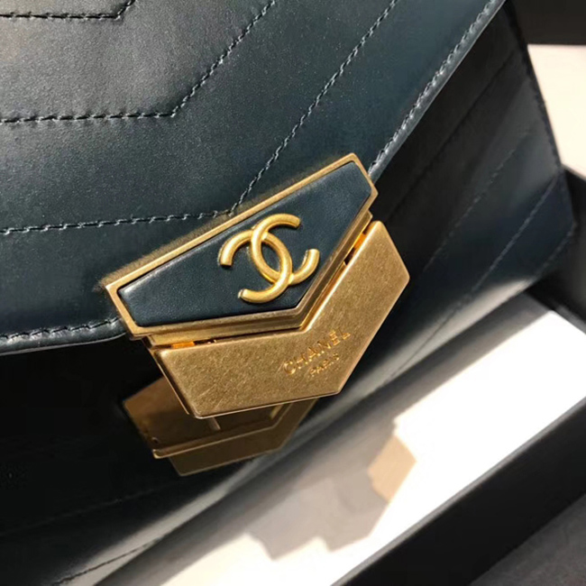 Chanel Medium Flap Bag A57491 Navy Blue Calfskin Gold Tone Metal