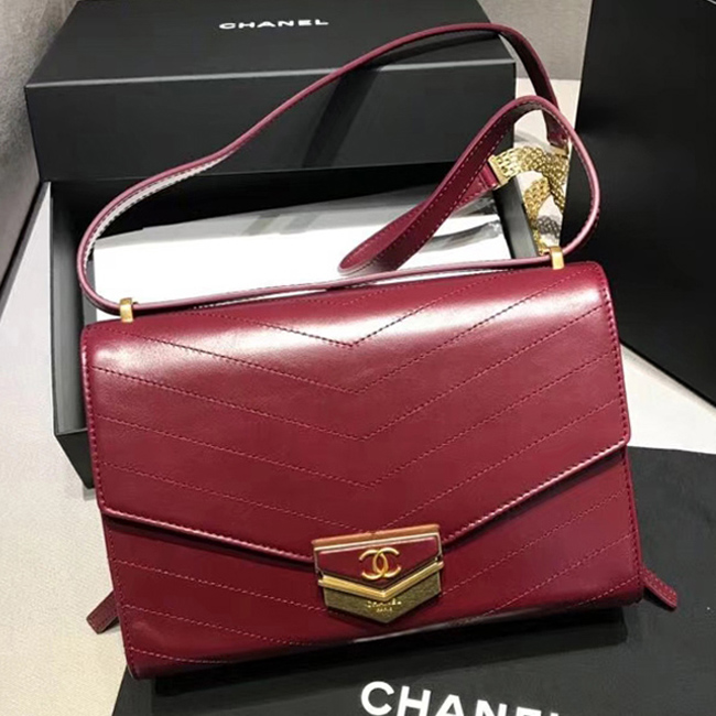 Chanel Medium Flap Bag A57491 Burgundy Calfskin Gold Tone Metal