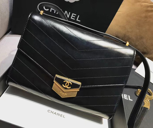 Chanel Medium Flap Bag A57491 Black Calfskin Gold Tone Metal