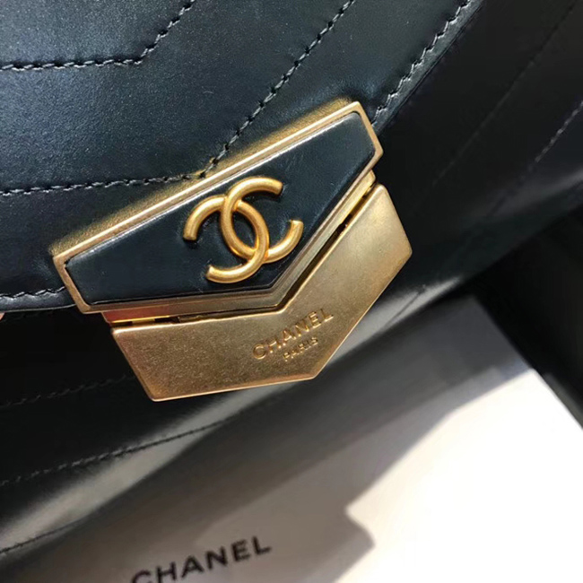 Chanel Large Flap Bag A57492 Navy Blue Calfskin Gold Tone Metal