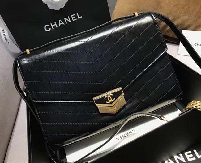 Chanel Large Flap Bag A57492 Black Calfskin Gold Tone Metal