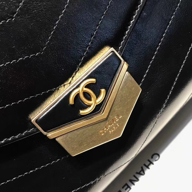 Chanel Large Flap Bag A57492 Black Calfskin Gold Tone Metal