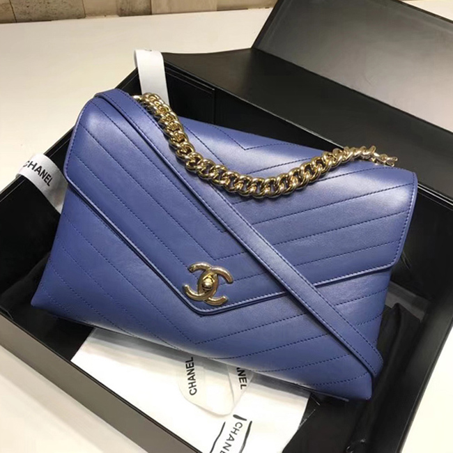 Chanel Flap Bag A57551 Blue Calfskin Gold Tone Metal