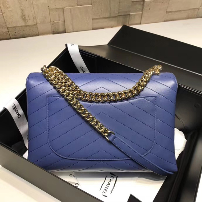 Chanel Flap Bag A57551 Blue Calfskin Gold Tone Metal