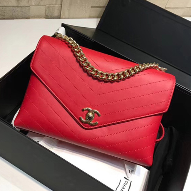 Chanel Flap Bag A57551 Red Calfskin Gold Tone Metal