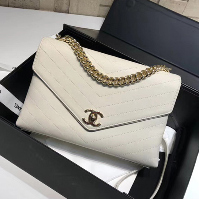 Chanel Flap Bag A57551 Ivory Calfskin Gold Tone Metal