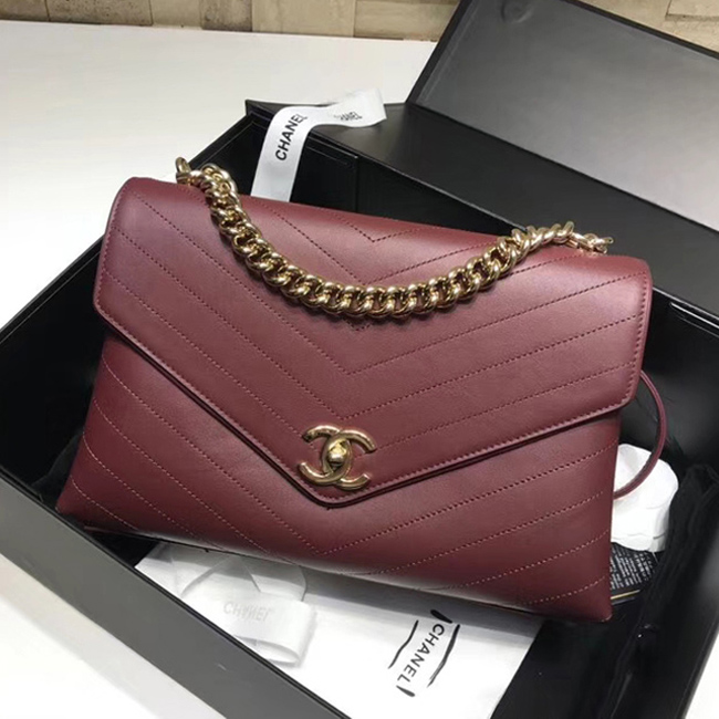 Chanel Flap Bag A57551 Burgundy Calfskin Gold Tone Metal