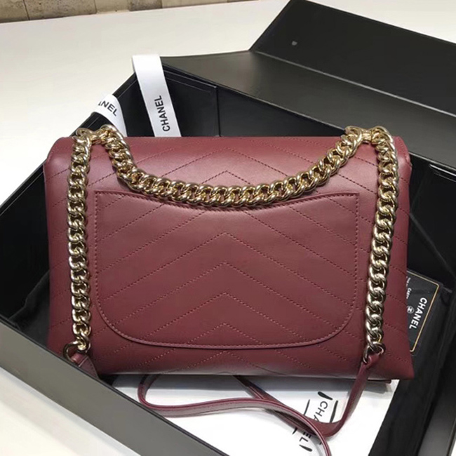 Chanel Flap Bag A57551 Burgundy Calfskin Gold Tone Metal