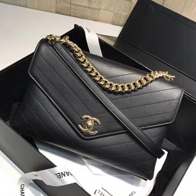 Chanel Flap Bag A57551 Black Calfskin Gold Tone Metal