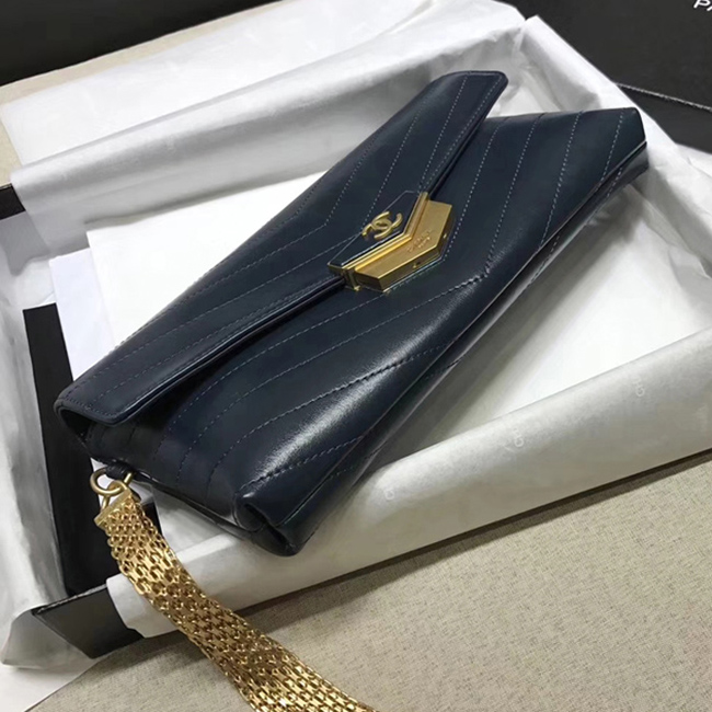 Chanel Clutch A57493 Navy Blue Calfskin Gold Tone Metal