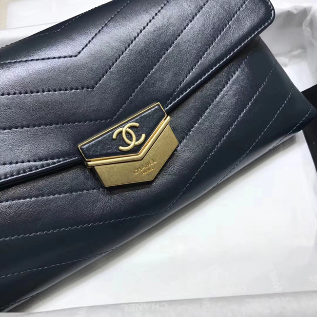 Chanel Clutch A57493 Navy Blue Calfskin Gold Tone Metal